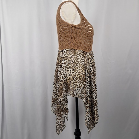 Vintage Y2K KAELYN MAX L Crochet Leopard Print Top Handkerchief Hem Boho - Picture 4 of 6